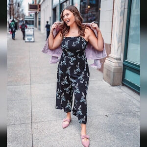 LOFT Wide Leg Floral Branch Black Yellow Blue Wide Leg Jumpsuit Small Petite SP